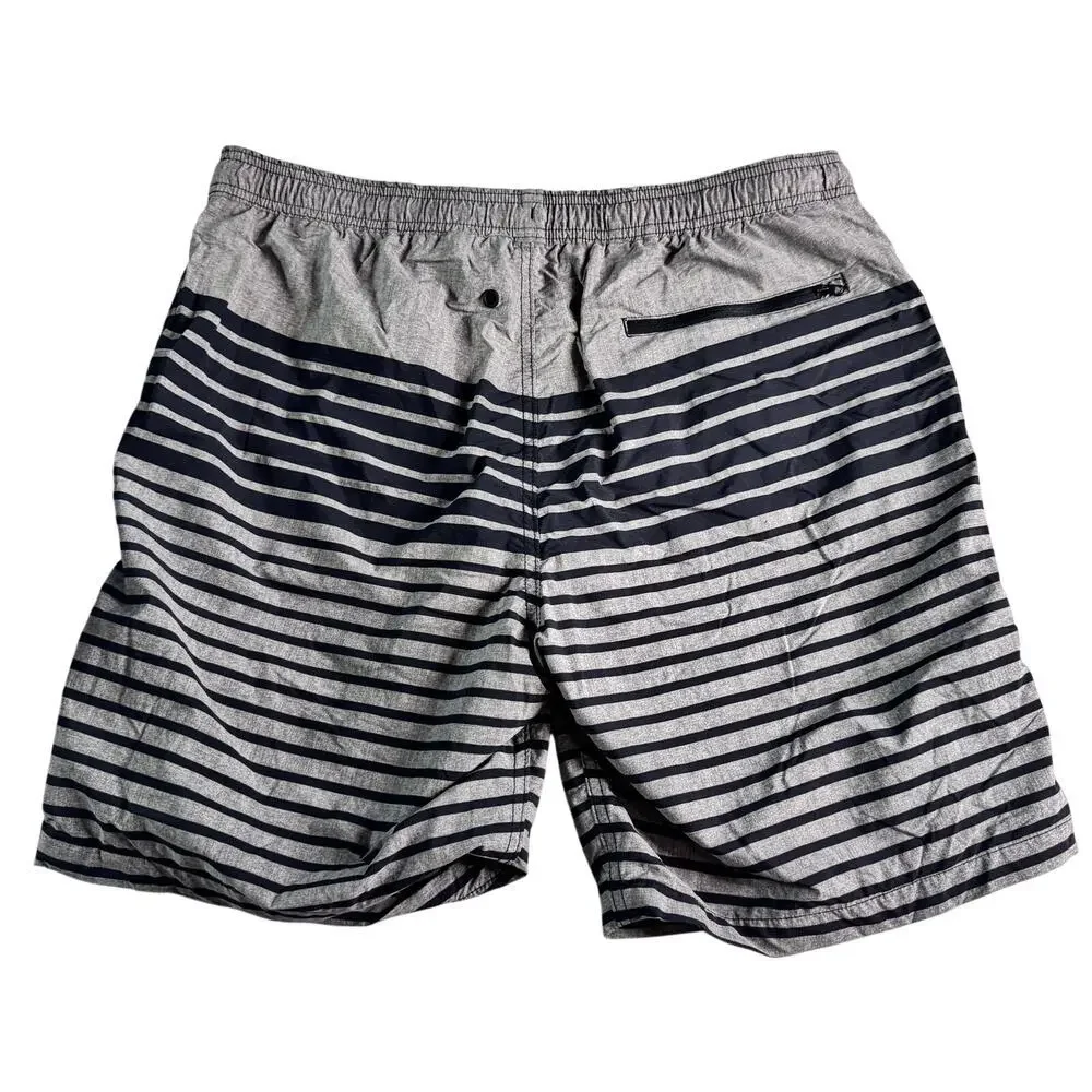 Kirkland Signature Men’s Swim Trunks XL Gray Black Striped Stretch Swim Shorts